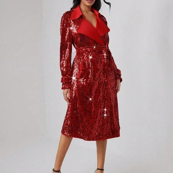 Red Preppy Womens Waterfall Collar Sequin Trench Coat - Picture 4 of 5